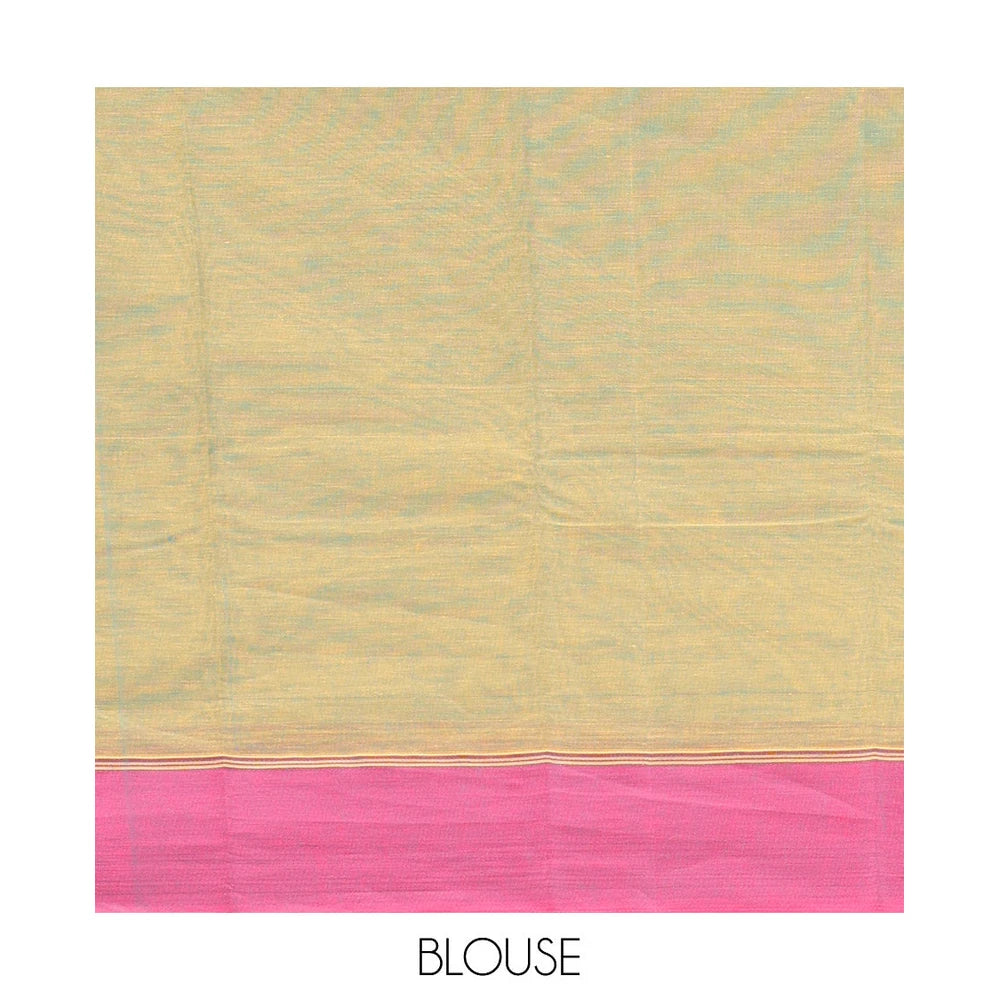 Pothys Green Kanchi Cotton Saree, Ornamented with Buttas, Complemented by a Contrast Border, Ogee-Patterned Pallu, and a Matching Blouse
