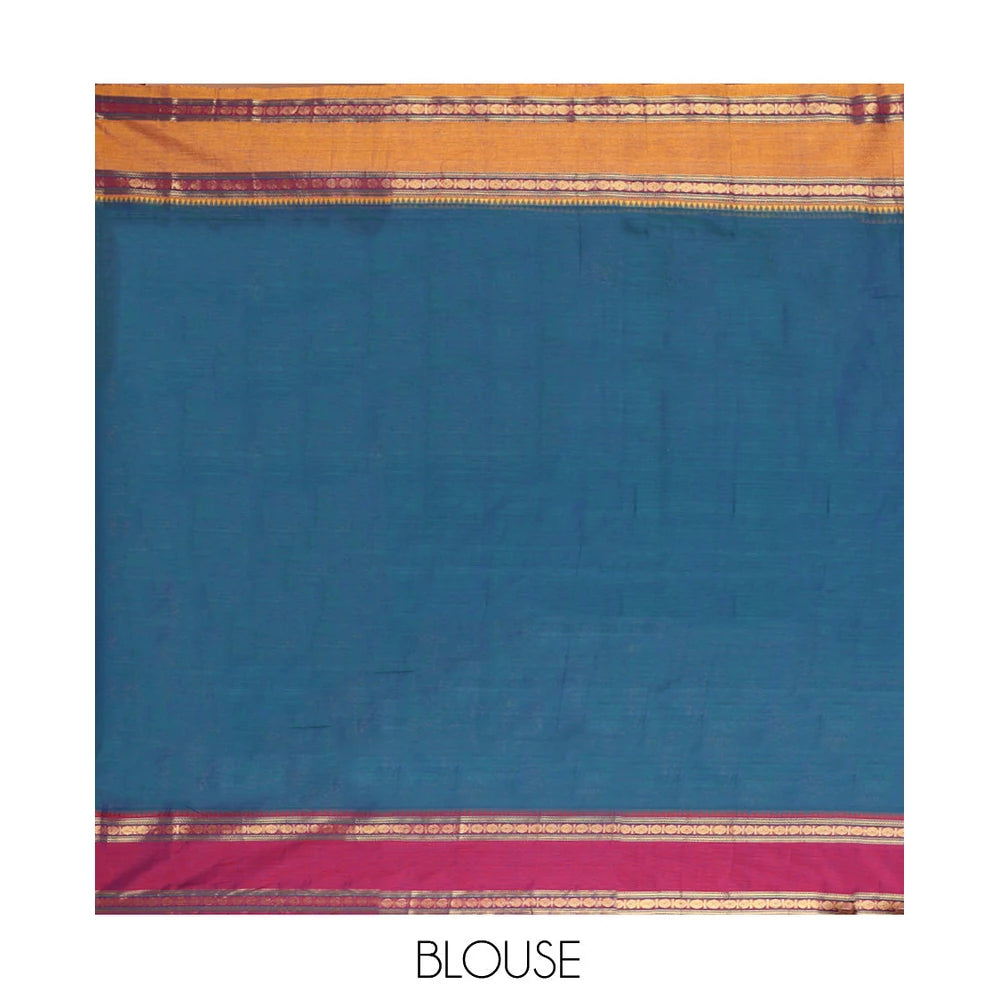 Pothys Blue Plain Mercerised Cotton Saree, Contrast Ganga-Jamuna Temple Rudraksha Border, Striped Pallu, and a Matching Blouse