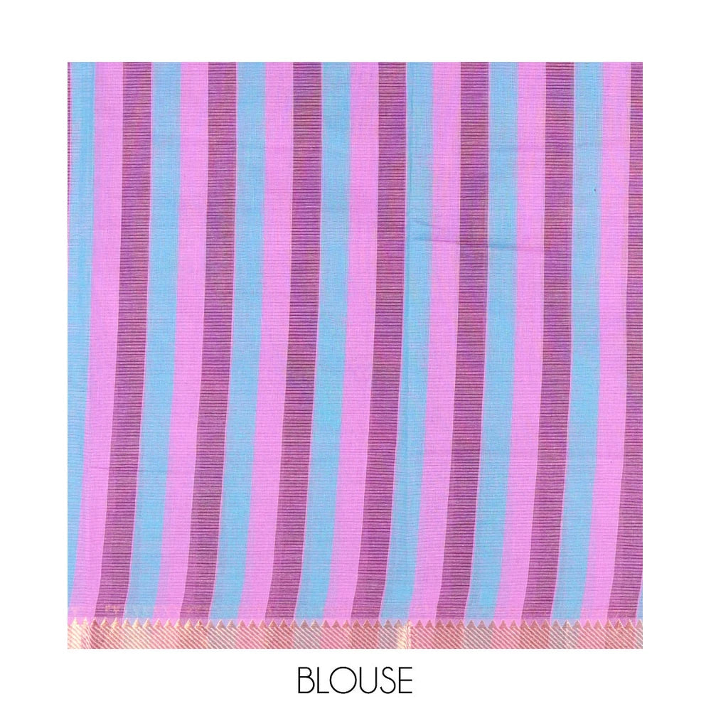 Pothys Purple Andhra Cotton Saree, Subtly Enriched with Pichwai Cow Buttas, Highlighted by a Temple Zari Border, Striped Pallu, and a Contrast Blouse