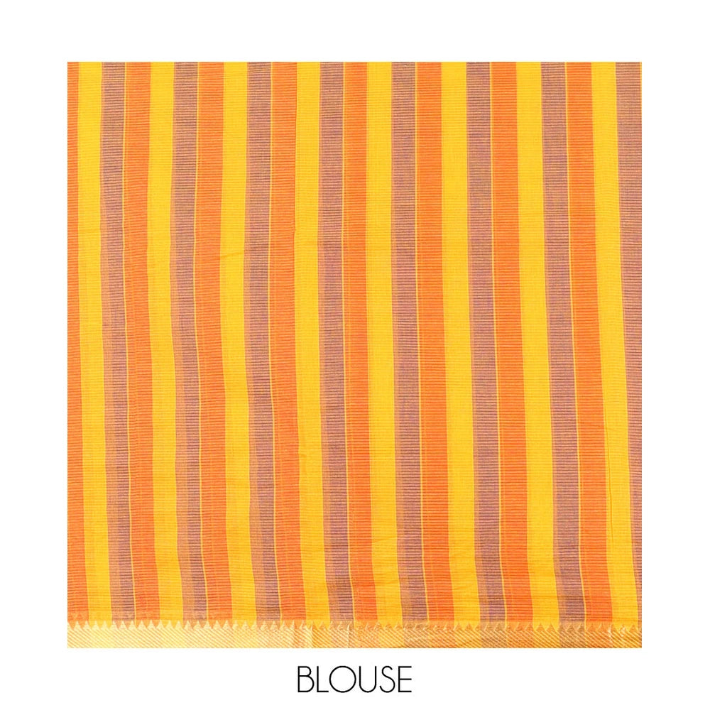 Pothys Orange Plain Andhra Cotton Saree Featuring Temple Zari Border, Contrast Striped Pallu, and a Contrast Blouse