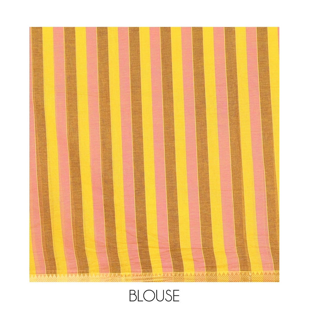 Pothys Yellow Striped Andhra Cotton Saree, Bedecked with Floral Motifs Print, Highlighted by a Temple Zari Border, Contrast Striped Pallu, and a Contrast Blouse