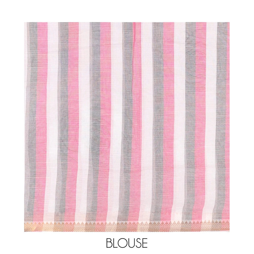Pothys White Striped Andhra Cotton Saree, Beautifully Bedecked with Floral Motifs Print, Highlighted by a Temple Zari Border, Contrast Striped Pallu, and a Contrast Blouse