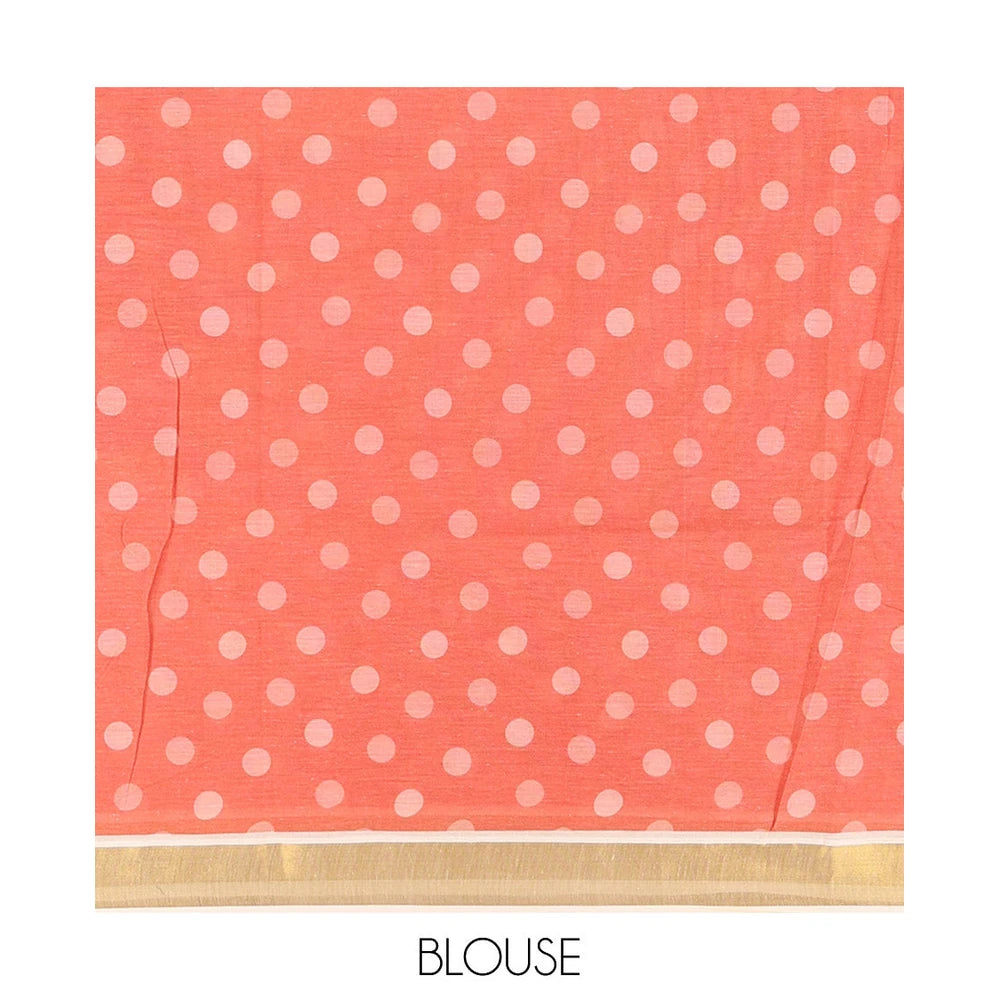 Pothys Cream Kerala Cotton Saree, Steeped with Multi-Color Polka Dots, a Zari Border, a Contrast Blouse