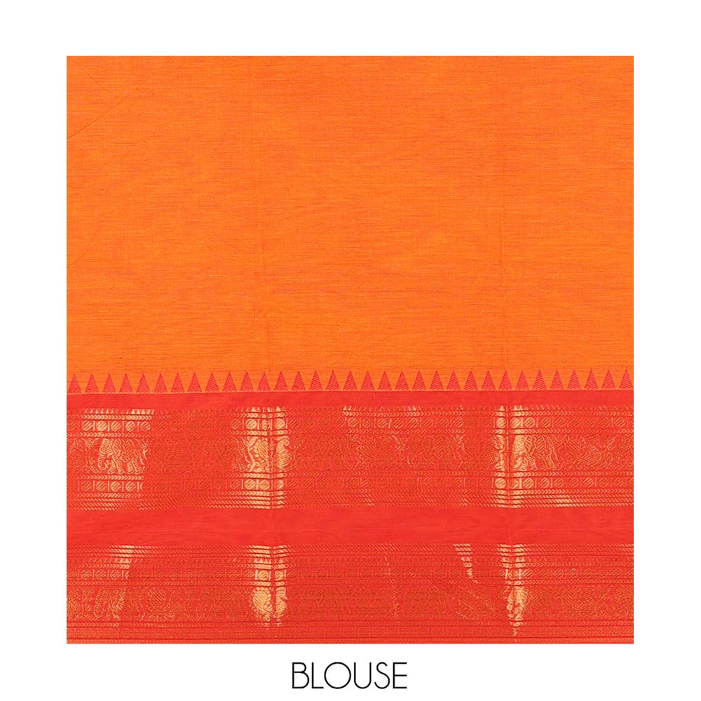 Pothys Orange Chettinad Cotton Saree, a Contrast Traditional Rettai Pettu Temple Border, Striped Pallu, and Matching Blouse