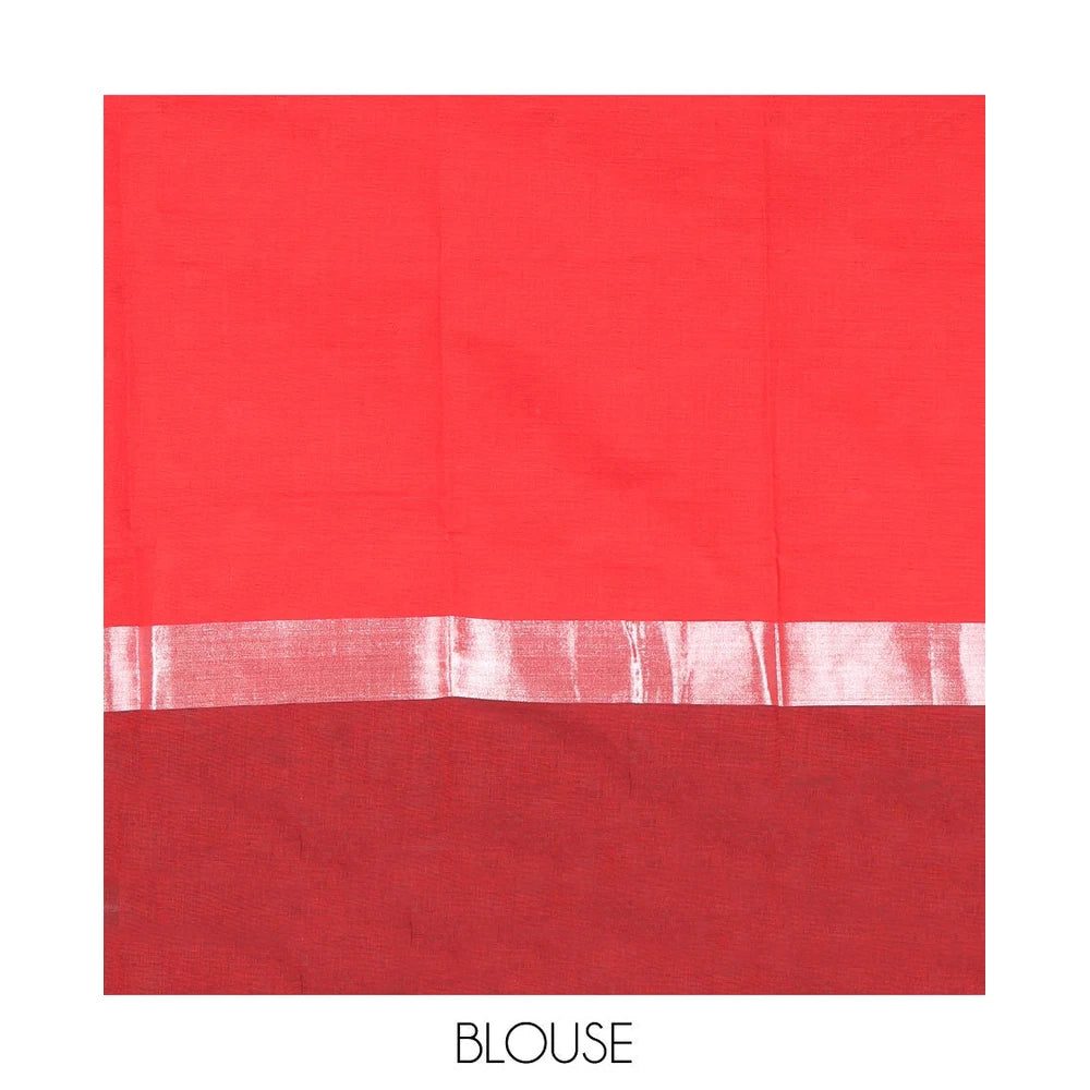 Pothys Red Chirala Cotton Saree, Adorned with Buttas, a Contrast Floral Border, Printed Pallu, and a Contrast Blouse
