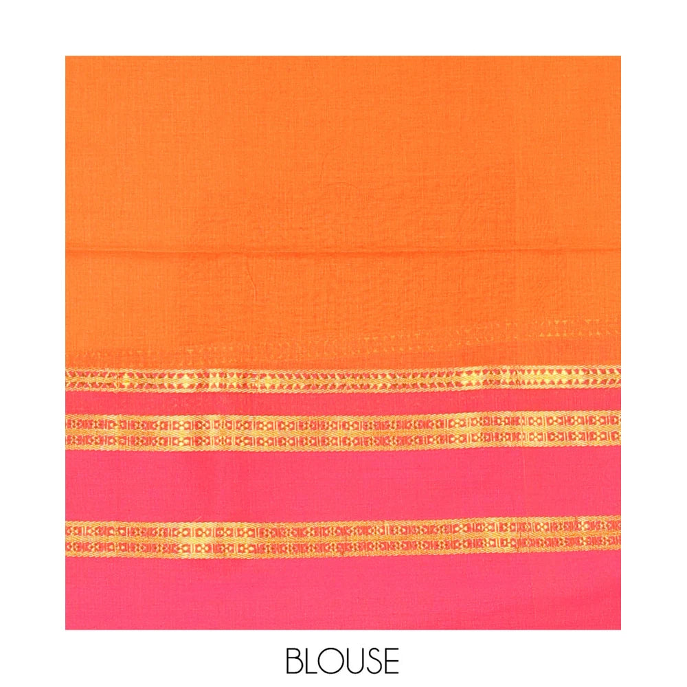 Pothys Orange Plain Khadi Mul Cotton Saree, Complemented by a Contrast Traditional Zari Design Border, a Self-Pallu, and a Matching Blouse