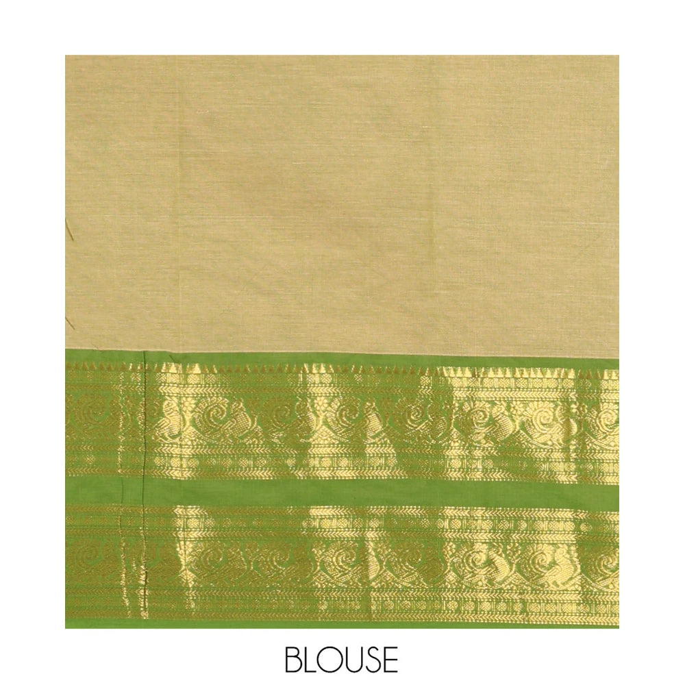 Pothys Green Plain Chettinad Cotton Saree, a Contrast Traditional Rettai Pettu Temple Border, Striped Palu, and a Matching Blouse