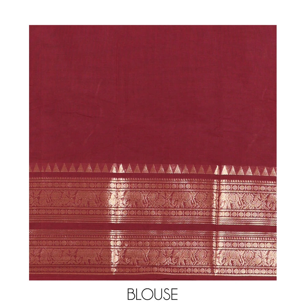 Pothys Brown Plain Chettinad Saree, Gleamed Up with a Zari Rettai Pettu Traditional Border, Striped Pallu, and a Matching Blouse