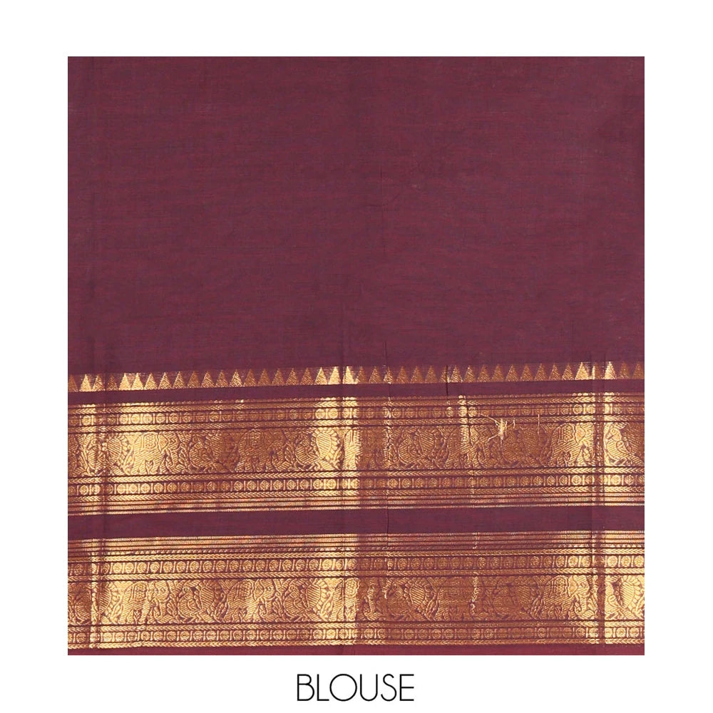 Pothys Coffee Brown Plain Chettinad Cotton Saree, Highlighted by Rettai Pettu Peacock-Elephant Border, a Matching Blouse