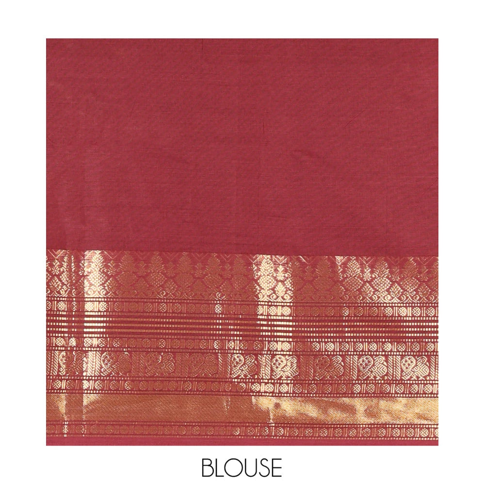 Pothys Maroon Plain Chettinad Cotton Saree, Highlighted by Traditional Kanchi Border, Striped Pallu, a Matching Blouse