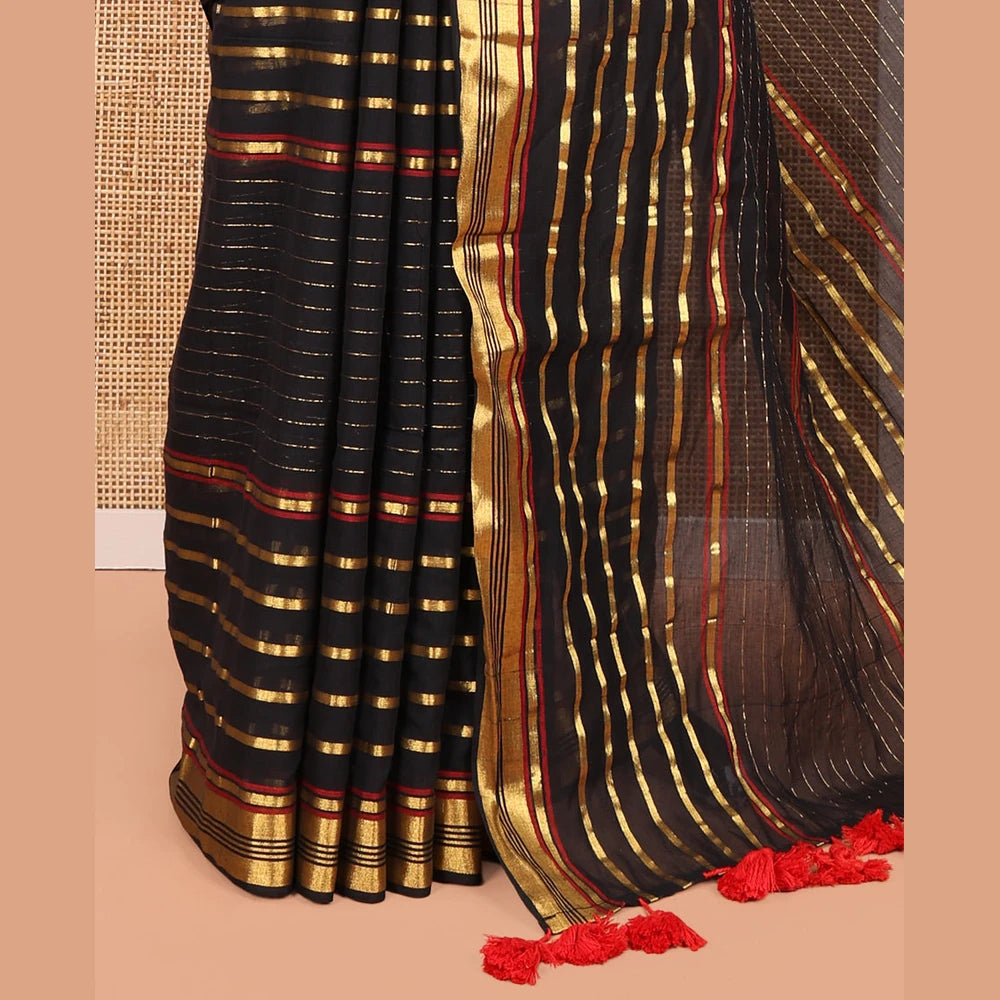 Pothys Black Khadi Mul Cotton Saree, Elevated with Horizontal Gold Zari Stripes, a Zari Border, Self-Pallu, and No Blouse