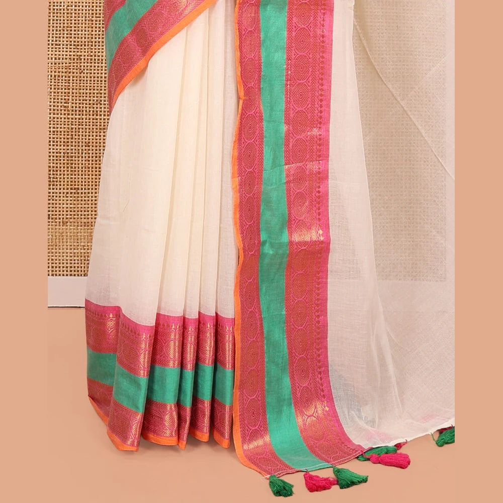 Pothys Cream Plain Khadi Mul Cotton Saree, Complemented by Contrast Traditional Zari Border, a Self-Pallu, and No Blouse