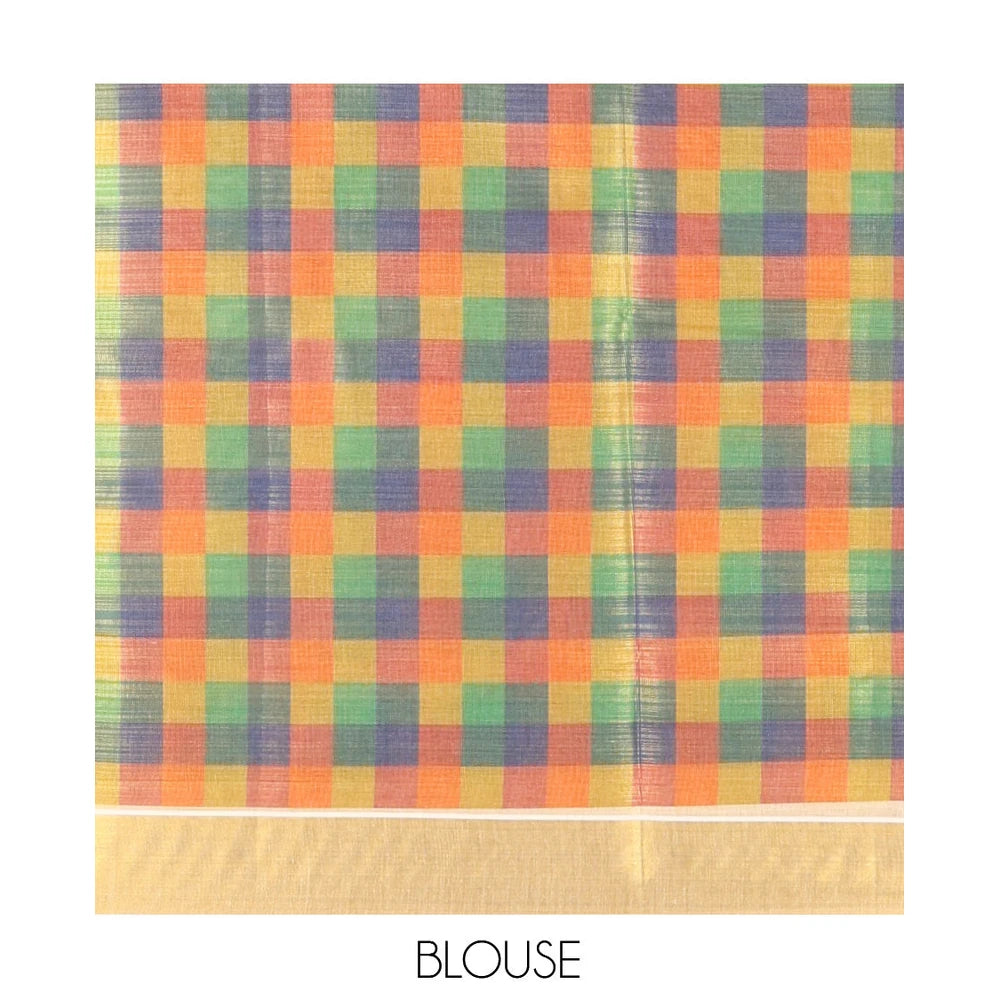 Pothys Gold-Mehendi Kerala Tissue Cotton Saree Features Madras Checked Buttas, a Zari Checked Border, and a Contrast Blouse