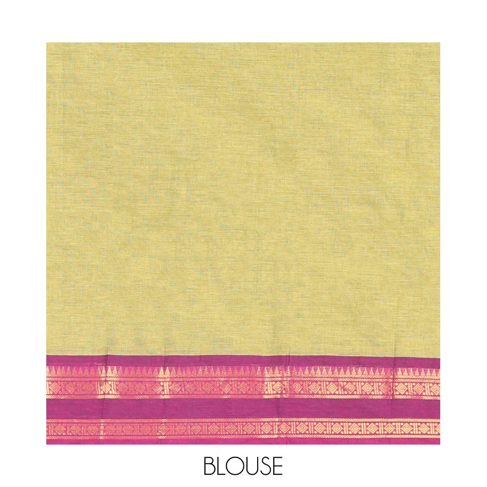 Pothys Green Plain Chettinad Cotton Saree, Complemented by a Contrast Rettai Pettu Traditional Zari Border, Striped Pallu, and a Matching Blouse