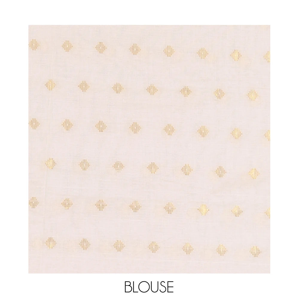 Pothys Borderless Cream Kerala Cotton Saree, Steeped with Zari Buttas, a Self-Pallu, and a Matching Blouse