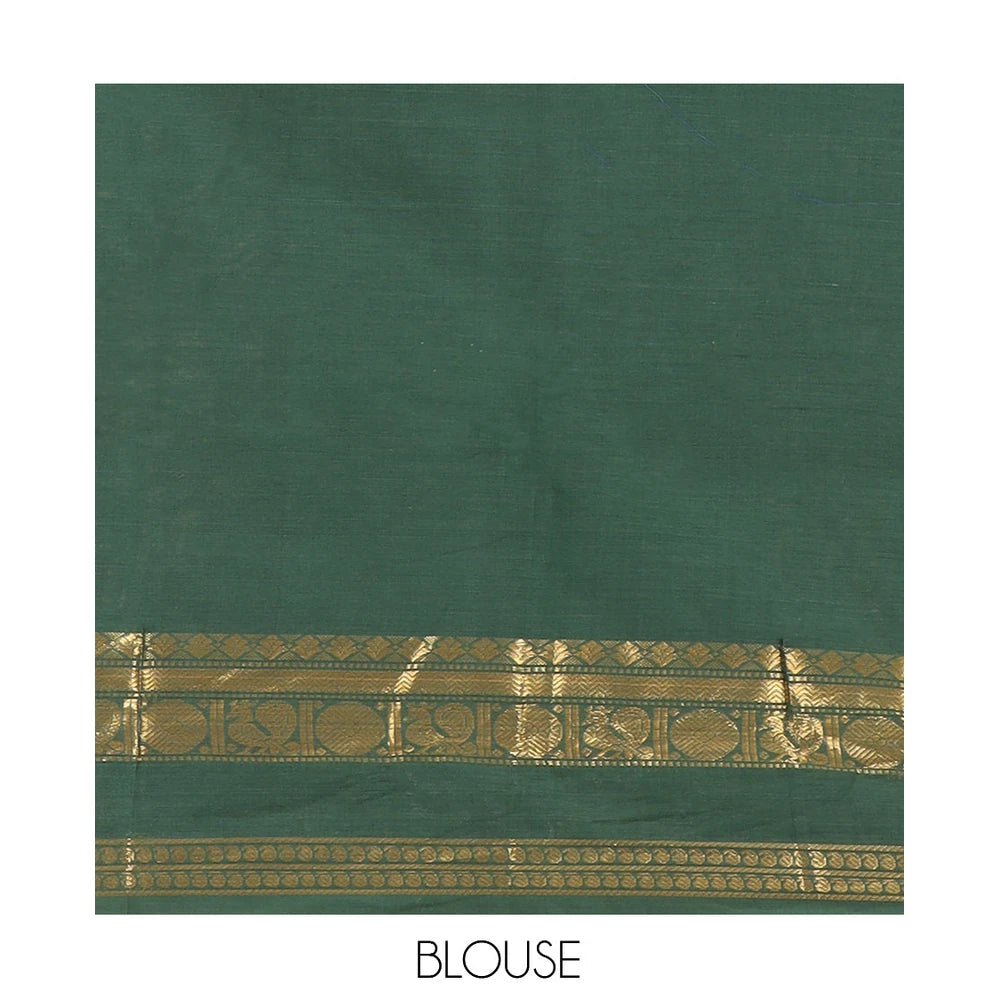 Pothys Dark Green Plain Chettinad Cotton Saree, Highlighted by a Rettai Pettu Traditional Border, a Matching Blouse