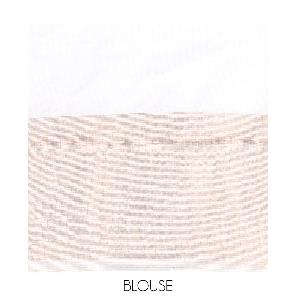Pothys Borderless Off-White Linen Saree Flanked by Horizontal Zari Stripes, a Self-Pallu, and a Matching Blouse