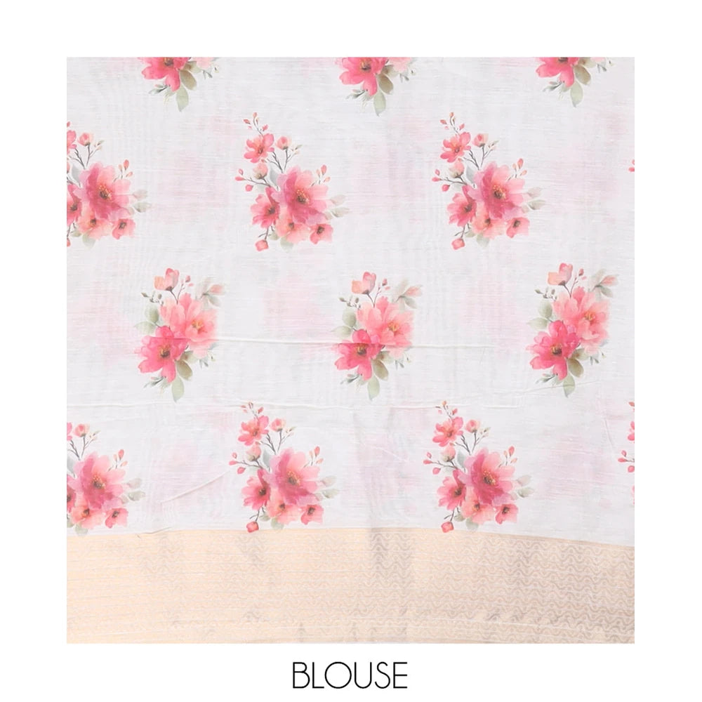 Pothys Borderless Cream Chanderi Cotton Saree Features Buttas and Floral Print, Zari-Rich Pallu, and Matching Blouse