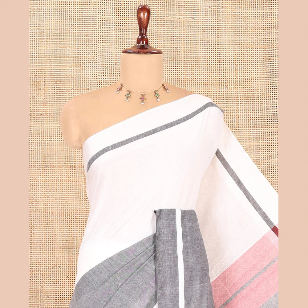 Pothys White-Grey Half-And-Half Plain Khadi Cotton Saree, a Self-Border, Striped Pallu, and No Blouse