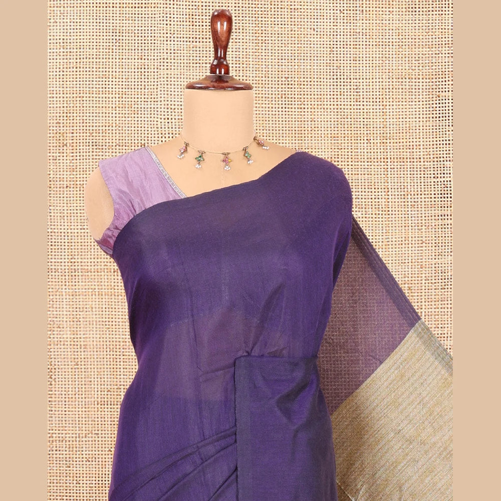 Pothys Borderless Violet Plain Khadi Cotton Saree, Jute Pallu, and No Blouse