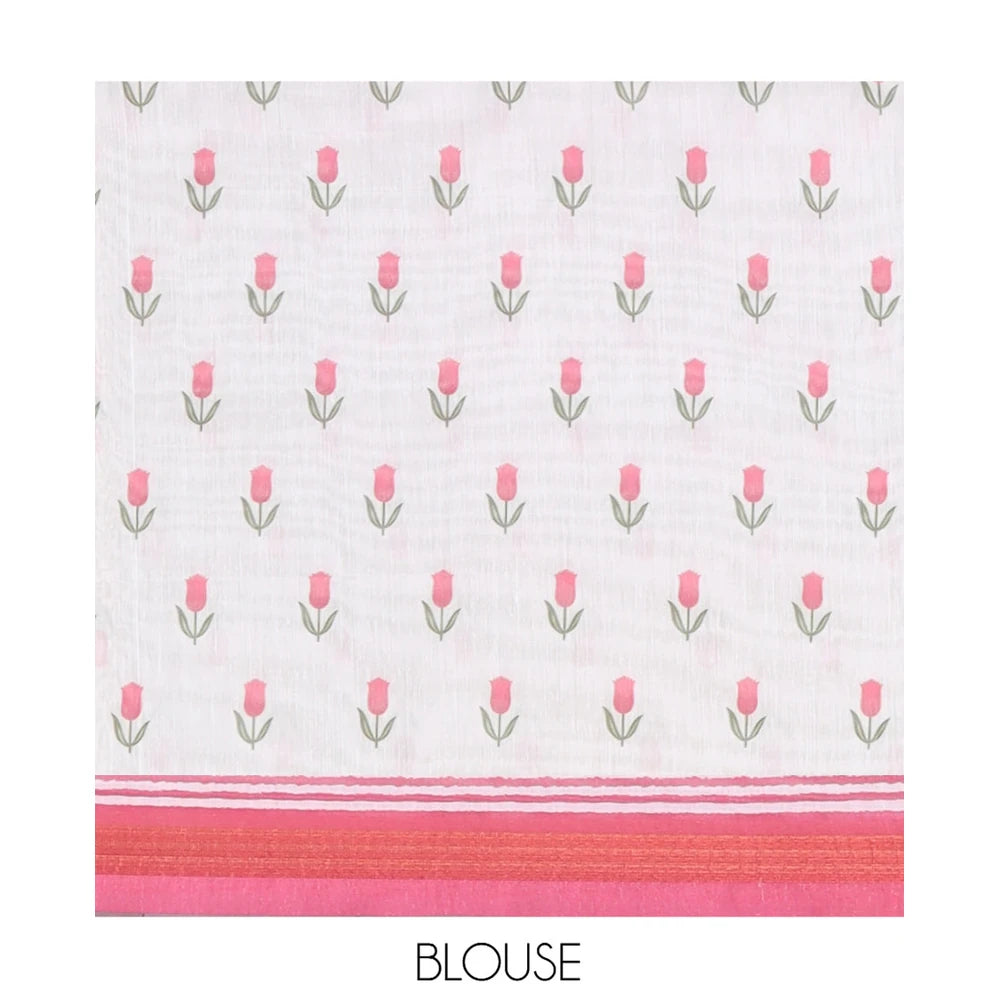 Pothys Gold Scandinavian Floral Kerala Cotton Saree, a Contrast Border, a Floral Pallu, and a Matching Blouse