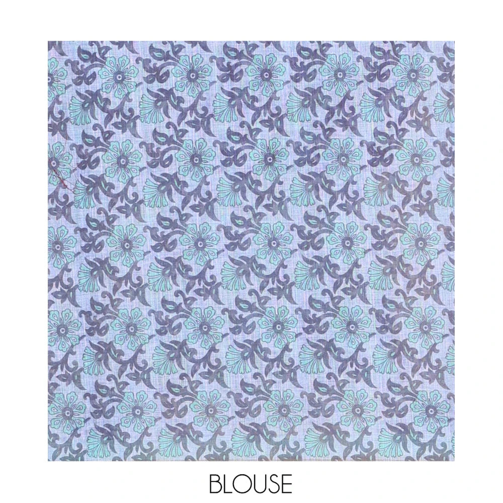 Pothys Rama Shibori Printed Linen Cotton Saree, a Piping Border, Floral Pallu, and a Contrast Blouse