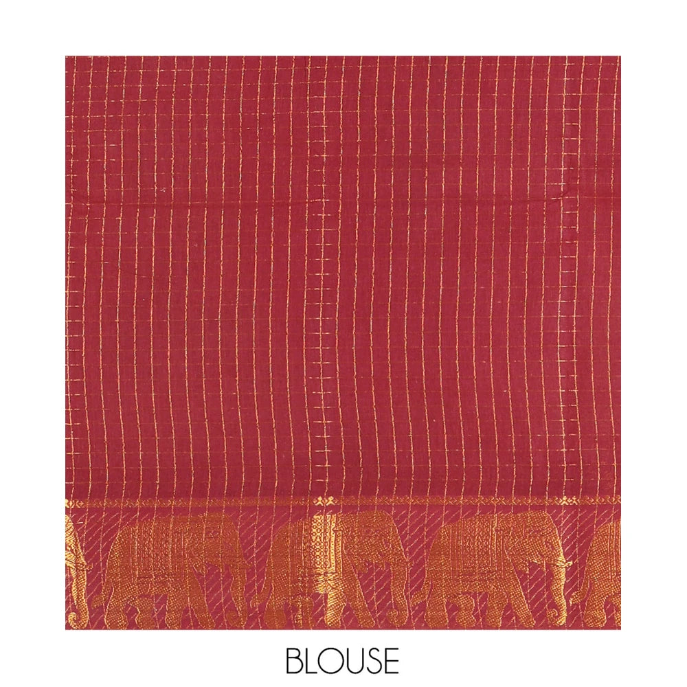 Pothys Maroon Checked Sungudi Cotton Saree, an Elephant Zari Border, and a Matching Blouse
