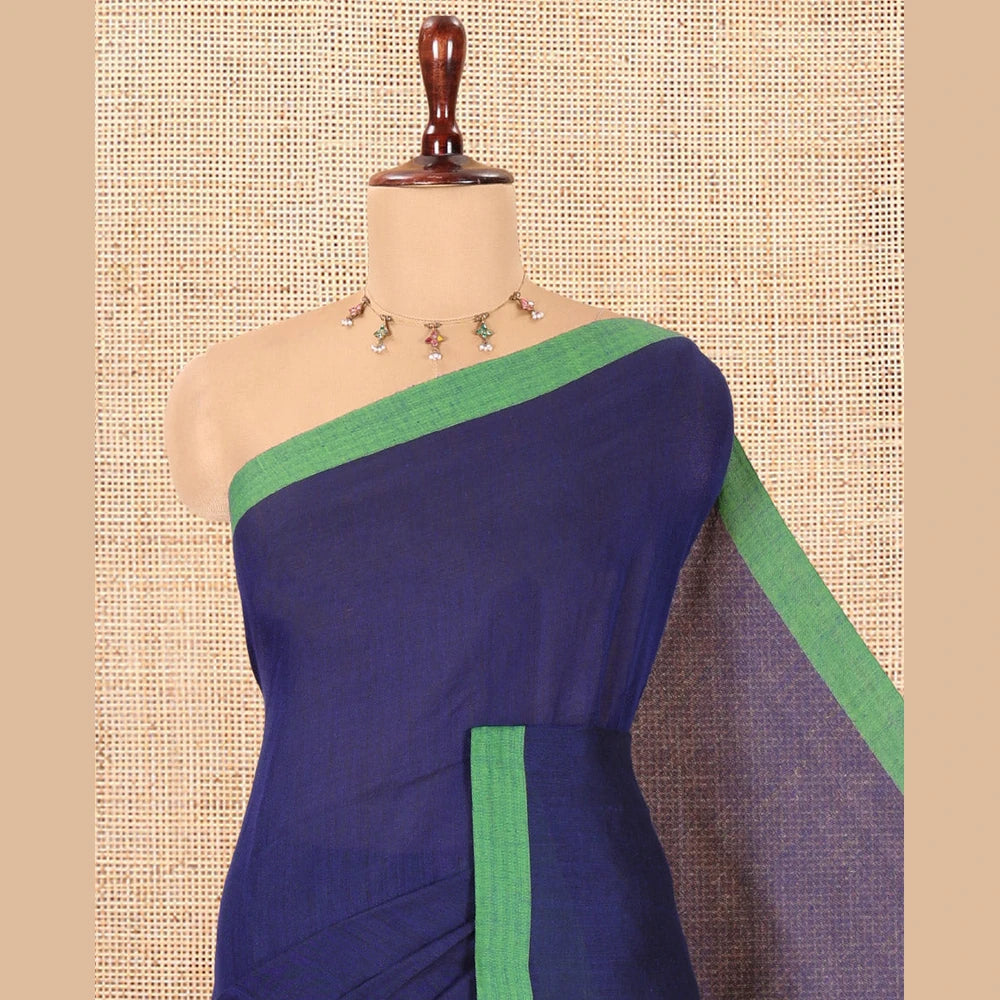 Pothys Blue Plain Khadi Cotton Saree, a Contrast Border, a Self-Pallu, and No Blouse