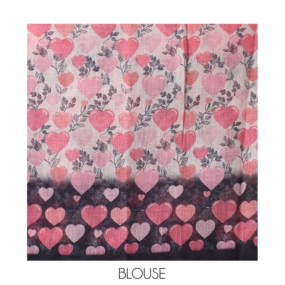 Pothys Borderless Black Heart Motifs Printed Linen-Cotton Saree, Self-Printed Pallu, and Matching Blouse