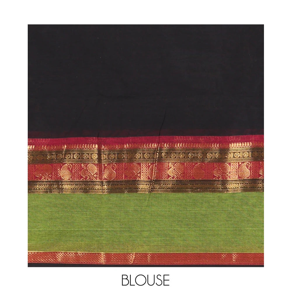Pothys Black Chettinad Cotton Saree, Woven with Zari Buttas, a Contrast Traditional Rettai Pettu Border, Matching Blouse