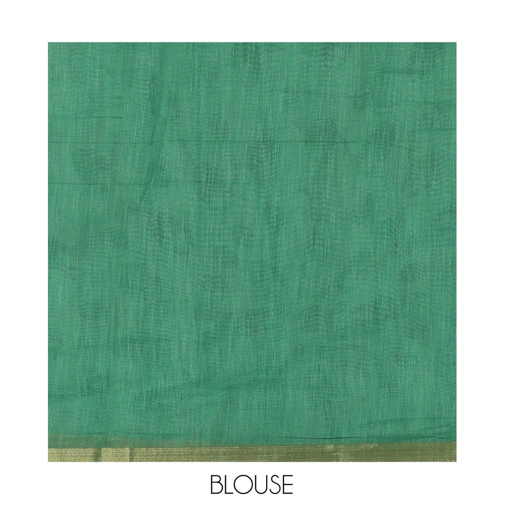 Pothys Borderless Rama Green Linen Cotton Saree, Geometric-Abstract Print and Contrast Blouse