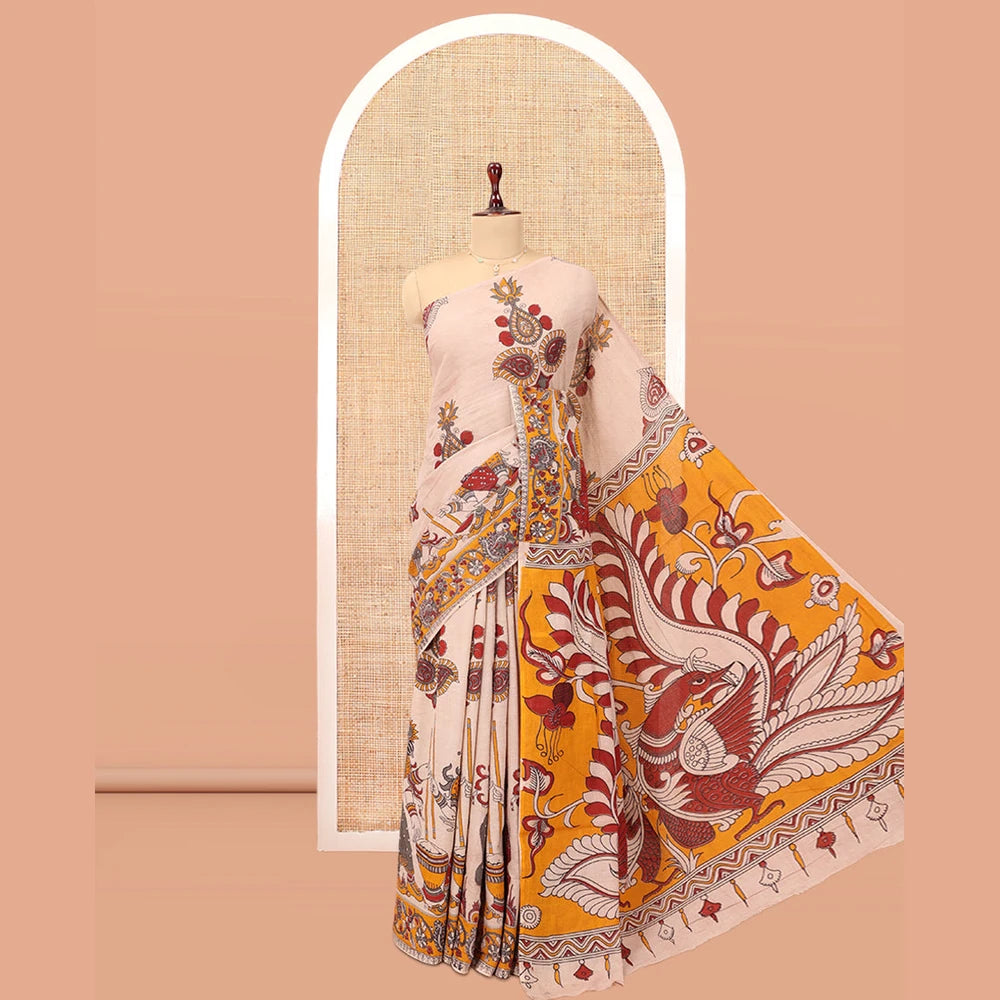 Pothys Sandal Kalamkari Cotton Saree, Decorated with Ancient Huma Motif Print, Contrast Printed Border, Kalamkari Peacock Motifs Pallu, and a Contrast Blouse