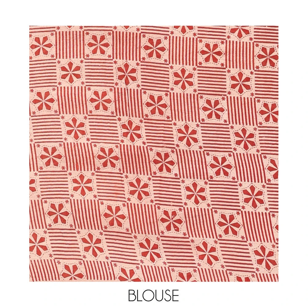 Pothys Sandal Kalamkari Cotton Saree, Decorated with Ancient Huma Motif Print, Contrast Printed Border, Kalamkari Peacock Motifs Pallu, and a Contrast Blouse