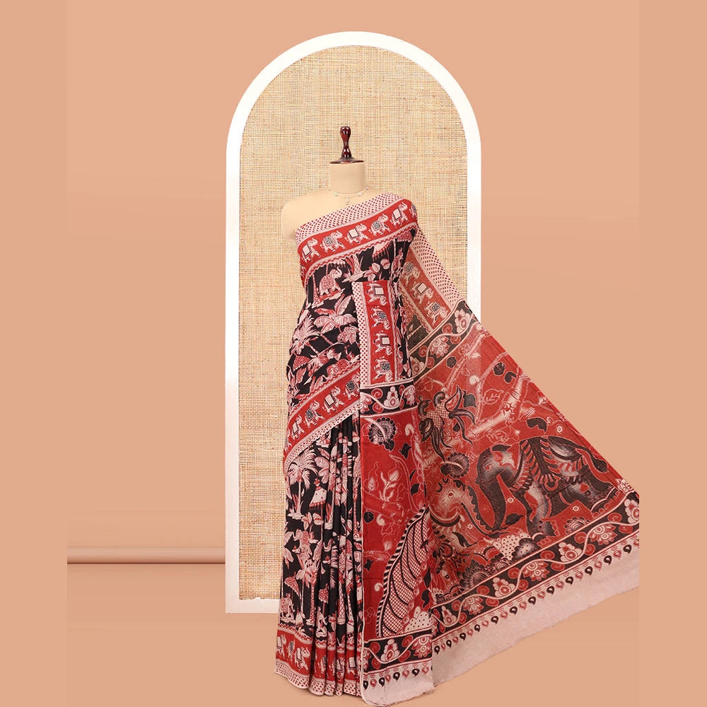 Pothys Black Kalamkari Cotton Saree, Ornamented with Animal Themed Print, Contrast Printed Border, Kalamkari Animal Motifs Pallu, and a Contrast Blouse