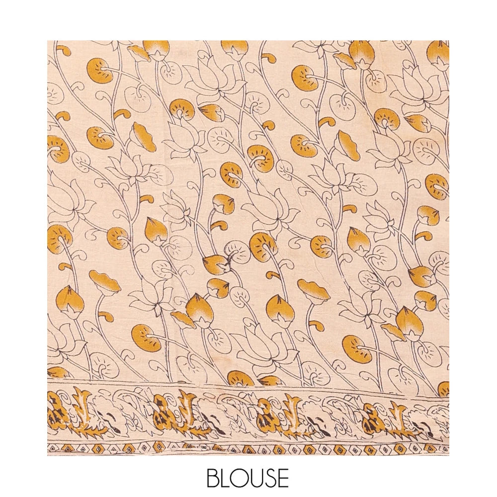 Pothys Green Kalamkari Cotton Saree, Adorned with Floral Vine Print, Contrast Printed Border, Kalamkari Ancient Human Motifs Pallu, and a Contrast Blouse