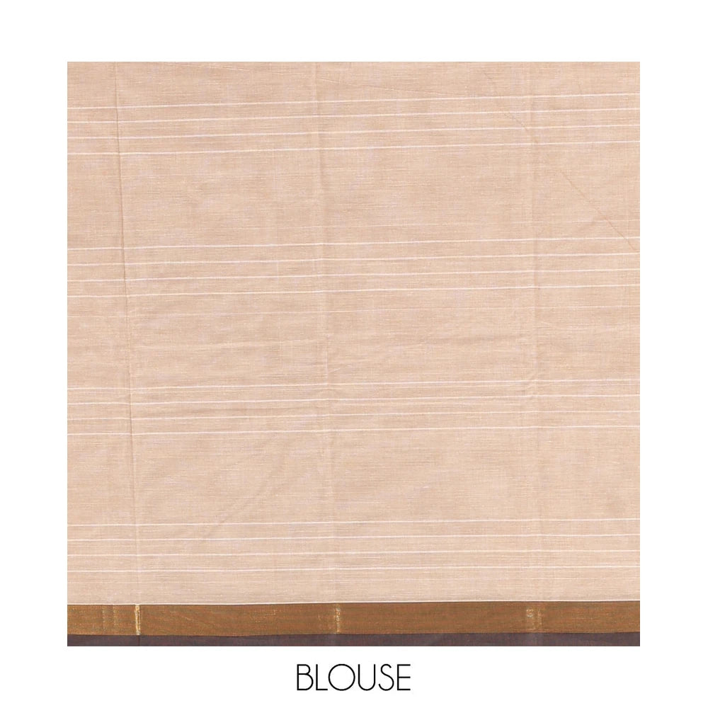 Pothys Light Sandal Kanchi Cotton Saree, Woven with Thread Buttas and Stripes, a Contrast Border, Intricate Pallu, and a Matching Blouse