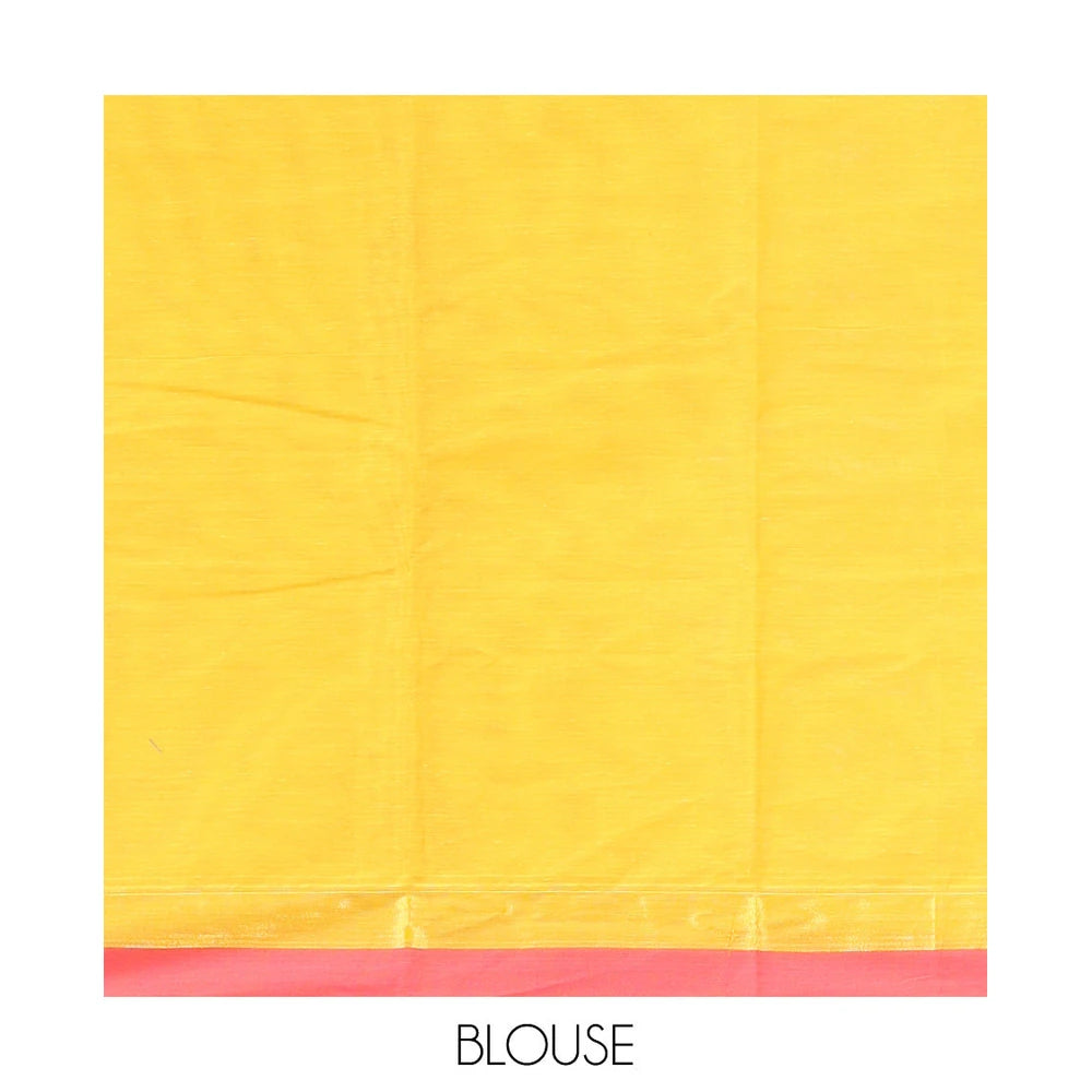 Pothys Yellow Kanchi Cotton Saree, Woven with Thread Buttas, a Contrast Border, Pallu of Floral and Animal Design, and a Matching Blouse