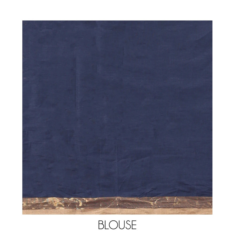 Pothys Navy Blue Blue Kanchi Cotton Saree, Woven with Thread Buttas, a Contrast Border, Pallu of Intricate Design, and a Matching Blouse