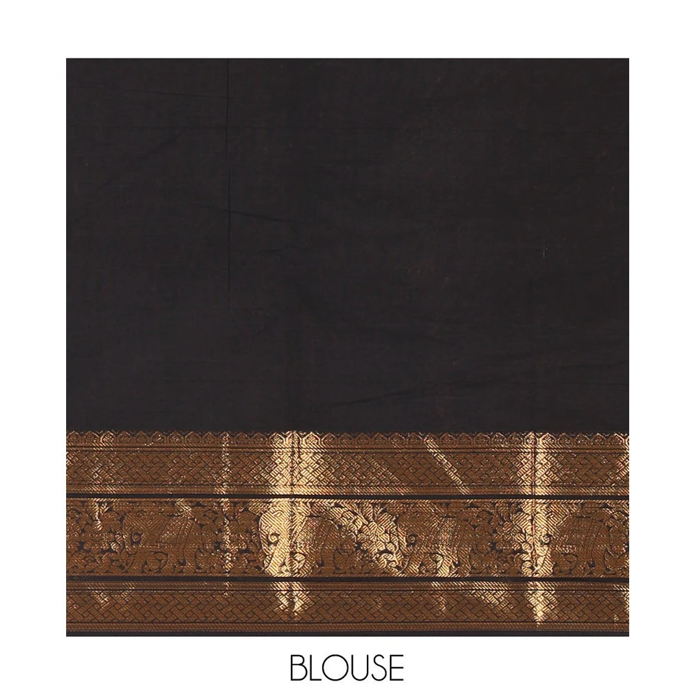 Pothys Black Zari Striped Chettinad Cotton Saree, a Traditional Zari Border, Grand Pallu, and a Matching Blouse