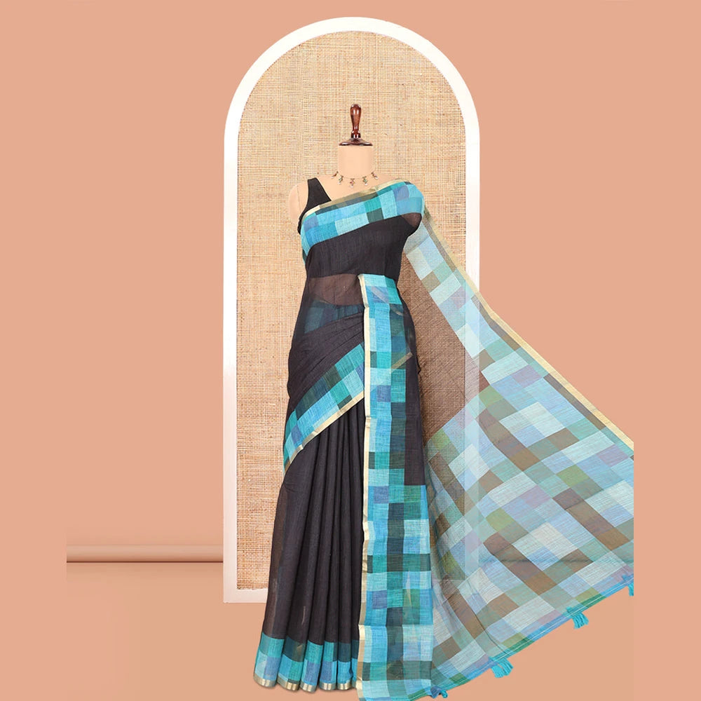 Pothys Black-Blue Plain Linen Cotton Saree, a Contrast Checked Border, Checked Pallu, and a Contrast Blouse