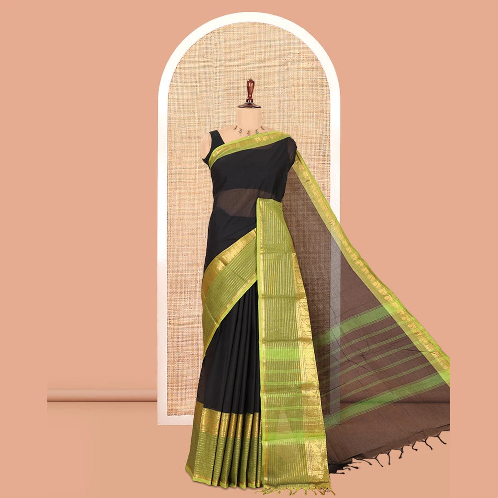 Pothys Black Plain Chettinad Cotton Saree, a Contrast Traditional Peacock Zari Border, Striped Pallu, and a Matching Blouse