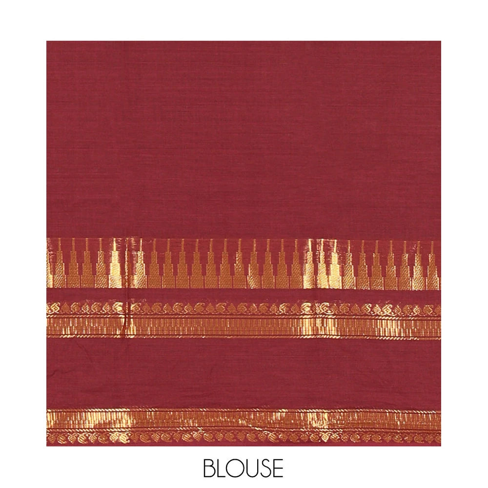 Pothys Coffee Brown Zari Buttas Chettinad Cotton Saree, a Traditional Zari Rettai Pettu Temple Border, Striped Pallu, a Matching Blouse