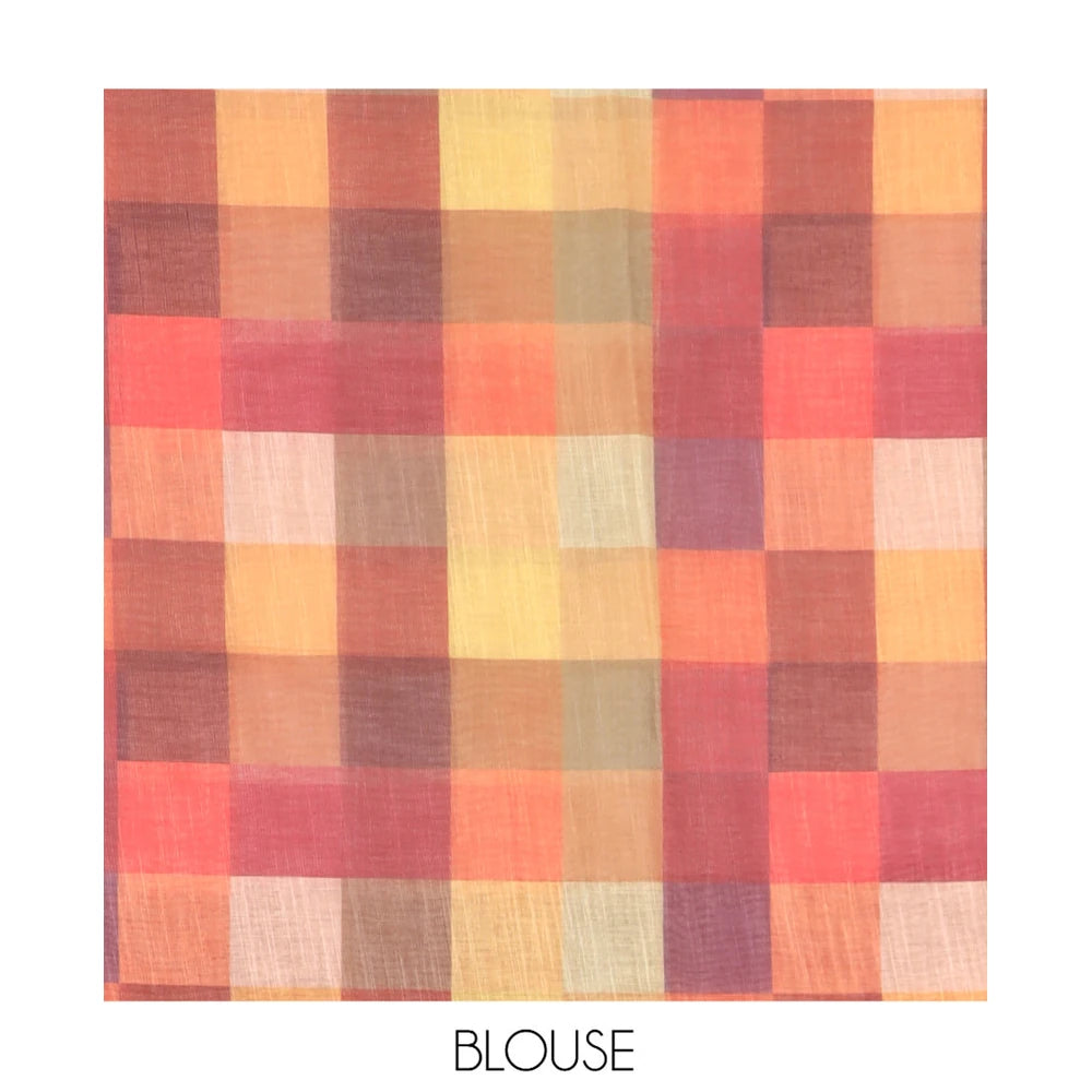 Pothys Cream-Yellow Plain Handloom Cotton Saree, a Contrast Checked Border, Checked Pallu, and a Contrast Blouse