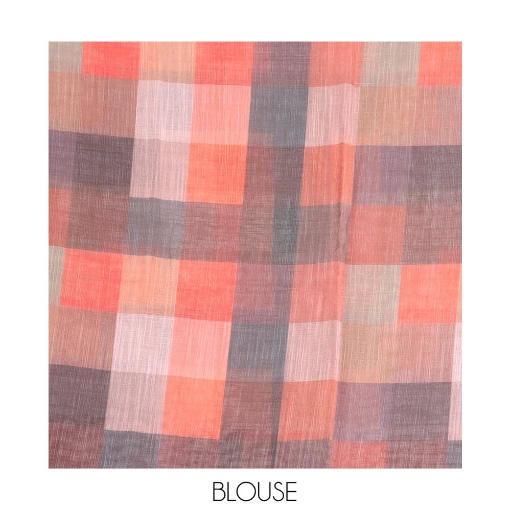 Pothys Cream-Rust Plain Handloom Cotton Saree, a Contrast Checked Border, Checked Pallu, and a Contrast Blouse