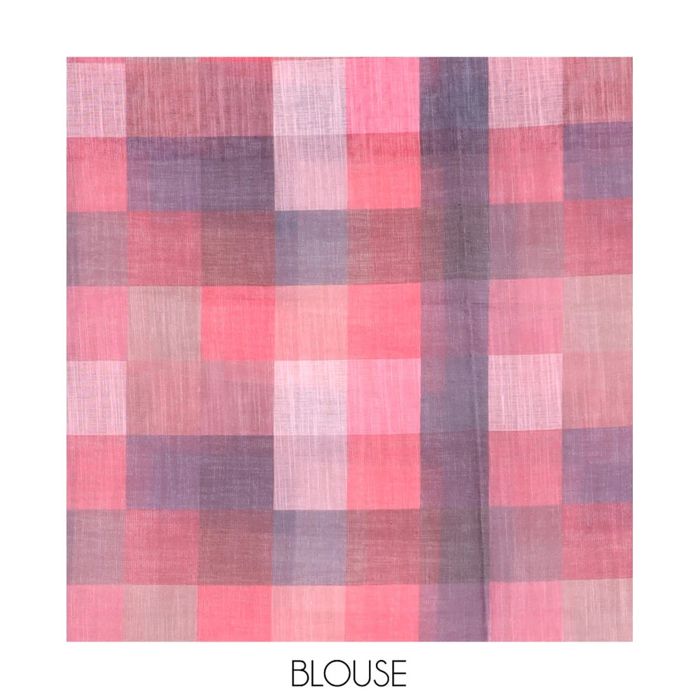 Pothys Cream-Dusky Pink Plain Handloom Cotton Saree, a Contrast Checked Border, Checked Pallu, and a Contrast Blouse