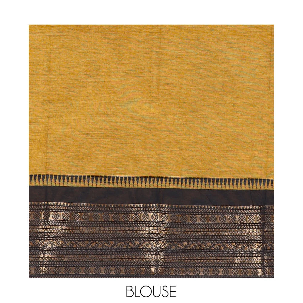 Pothys Mustard Plain Chettinad Cotton Saree, a Contrast Traditional Zari Temple Border, Striped Pallu, a Matching Blouse