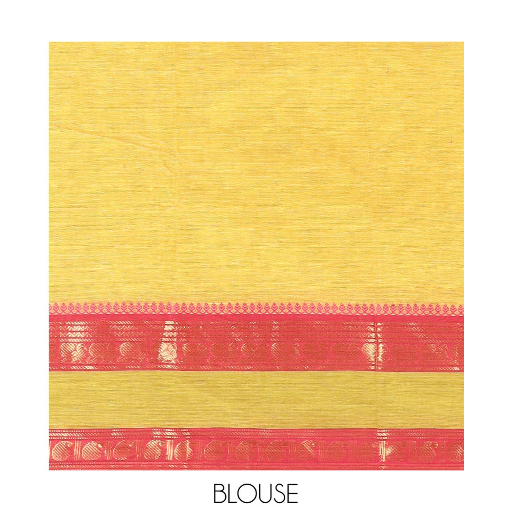 Pothys Lemon Yellow Plain Chettinad Cotton Saree, a Contrast Traditional Thread Rettai Pettu Border, Striped Pallu, a Matching Blouse