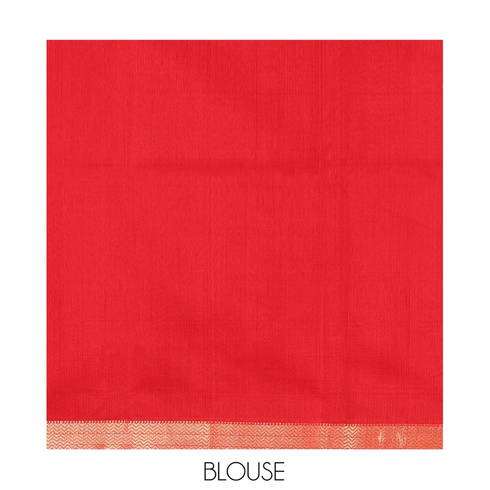 Pothys Red Maheshwari Cotton Saree, Accentuated with Buttas, Highlighted by a Chevron Zari Border, Pallu of Zari Buttas, and a Matching Blouse
