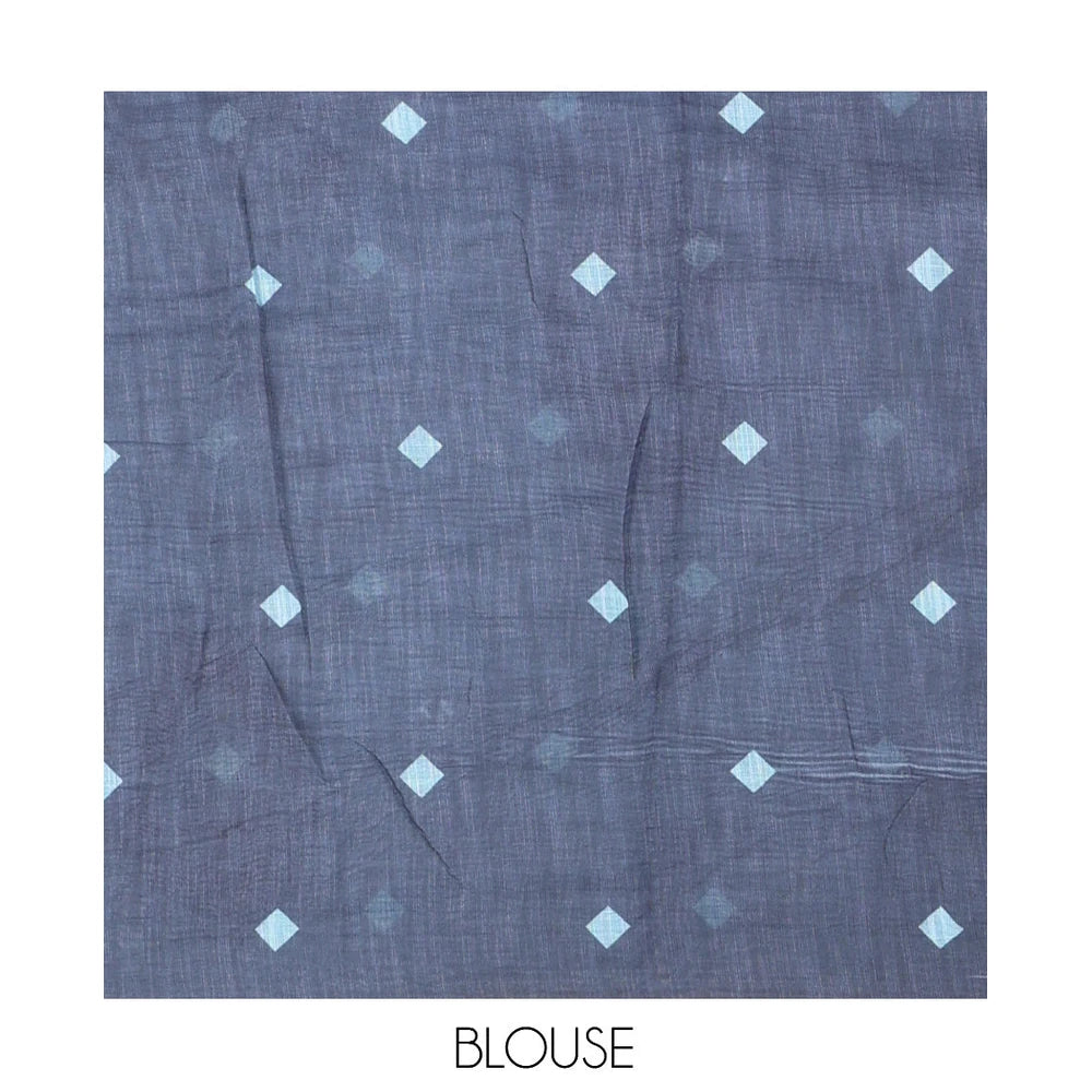 Pothys Borderless Blue Linen Cotton Saree, Beautified with Face Print, Contrast Pallu of Chevron Stripes and Face Print, a Contrast Blouse