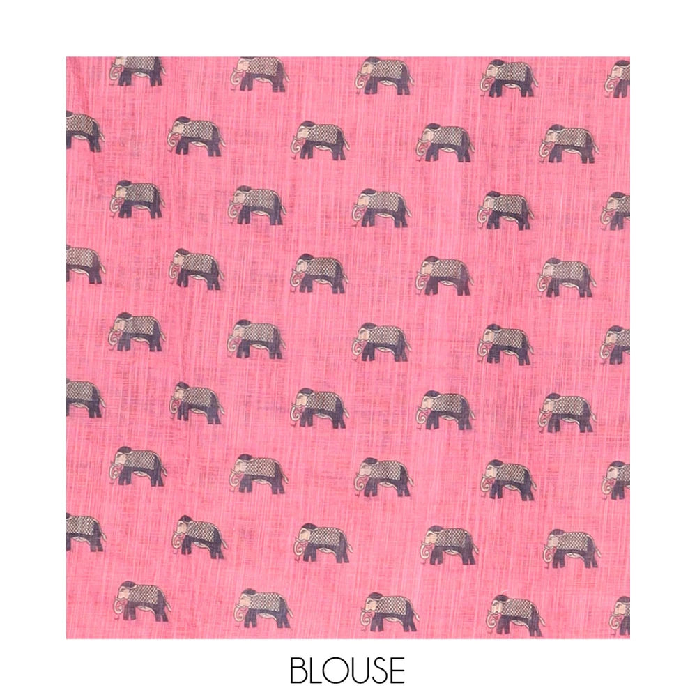 Pothys Black Linen Cotton Saree Features Polka Dots, a Contrast One-sided Elephant Motif Border, Elephant Motif Pallu, Contrast Blouse